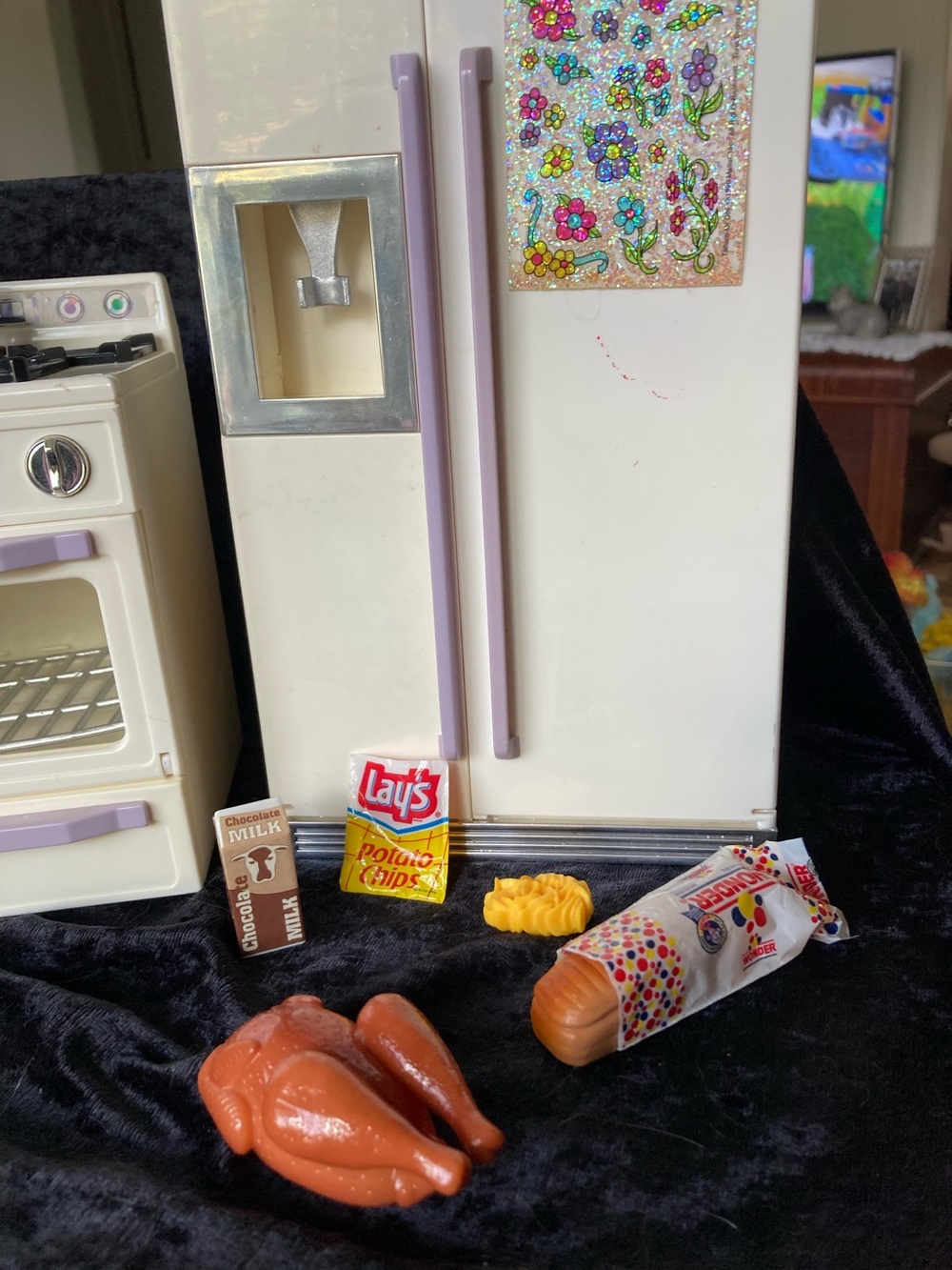Vintage Barbie Kitchen Stove Refrigerator Lavender Handles Play Food Works